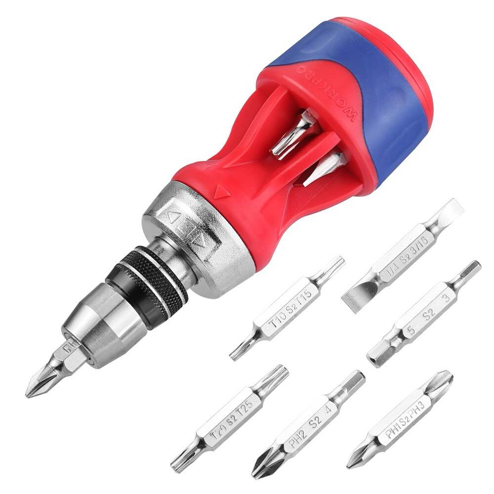 workpro 12-in-1 stubby ratcheting multi-bit screwdriver magnetic double end bits