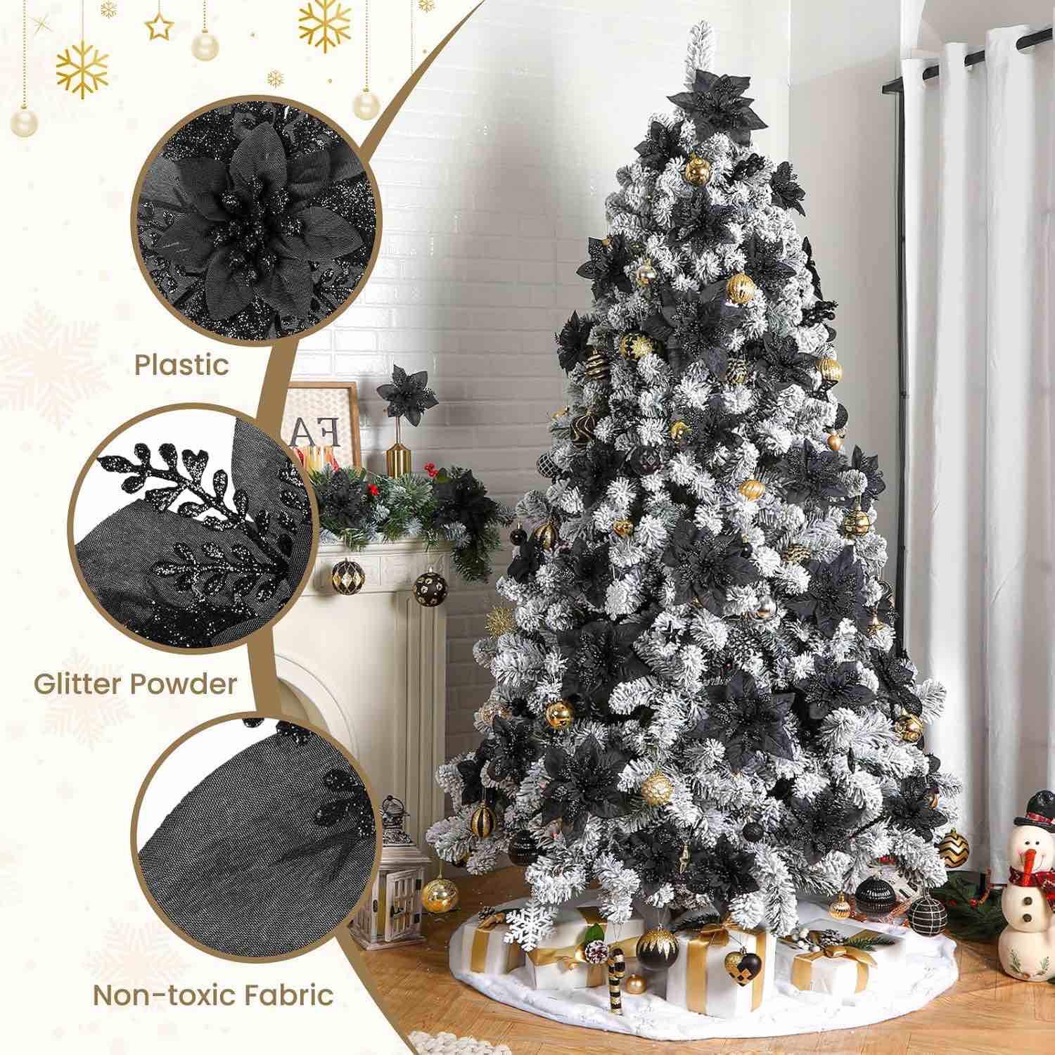 Condition photo showing Good Condition for Alupssuc 24 PCS Black Poinsettia Christmas Flowers Artificial, Glitter Christmas Decorations for Tree Wreath Fireplace, 9"& 6" Poinsettia Flowers Artificial New Year Ornaments, Black