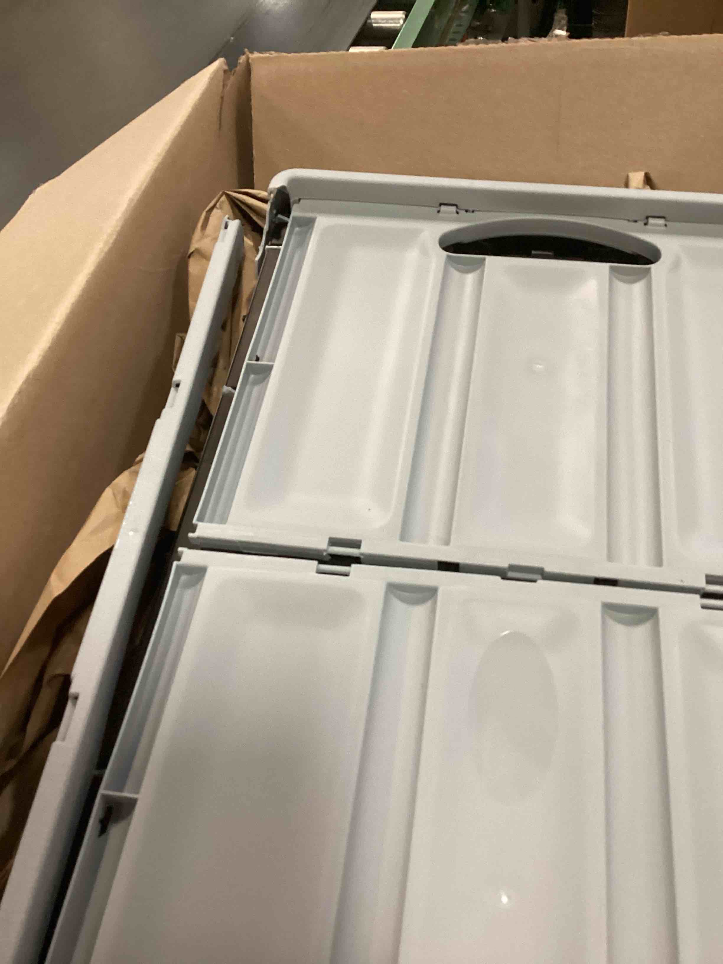 Condition photo showing As Is for CleverMade Collapsible Storage Bins - Stone 3 Pack 46L - Stackable Containers Heavy Duty Capacity Folding Crates - Space-Saving for Home