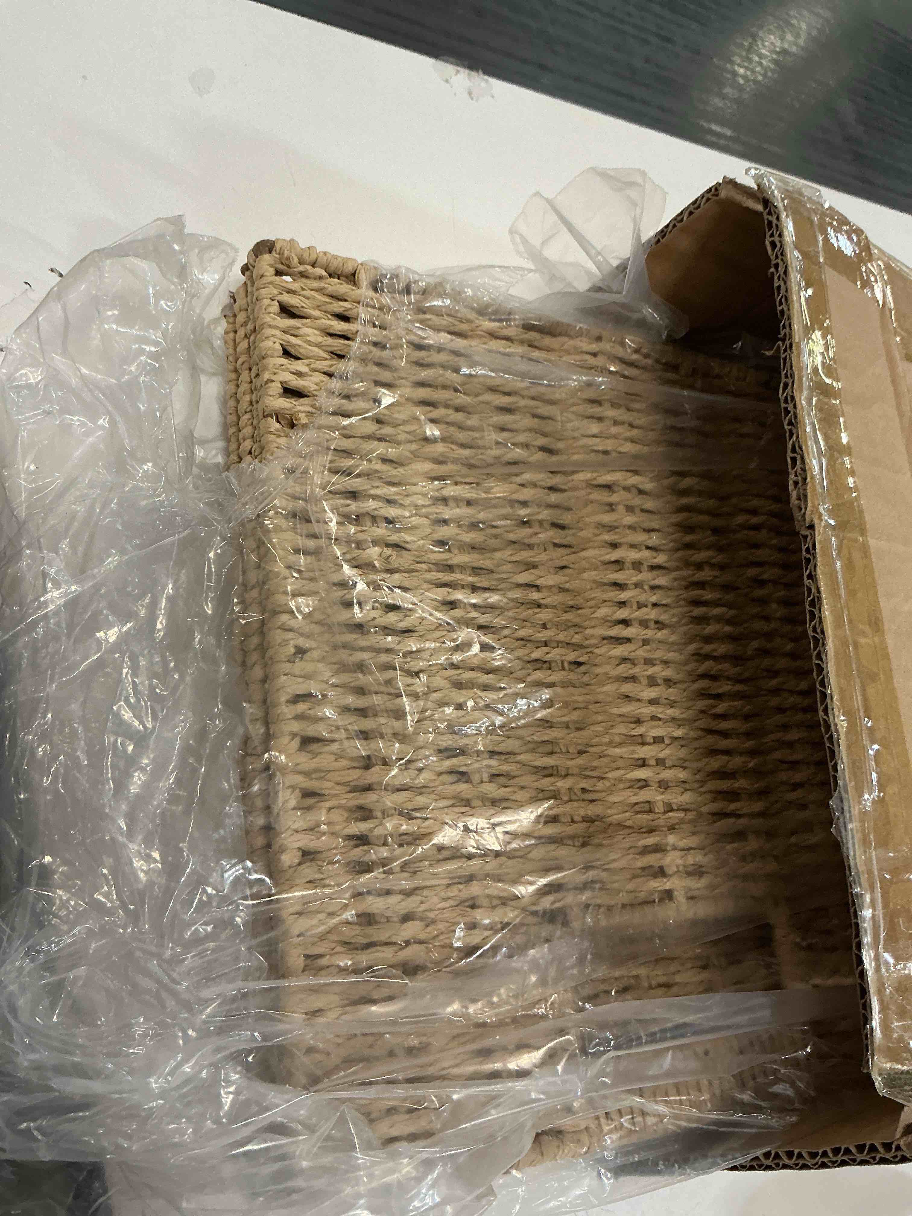 Condition photo showing As Is for (Incomplete , 2 pieces only) Foldable Storage Baskets with Handles Paper Rope Storage Baskets Rectangle Collapsible Hand Woven Storage Cubes Bins for Organizing Shelves Living Room Bedroom Pantry (4, 11'' x 11'' x 11'') 11'' x 11'' x 11'', set of 4 Natural