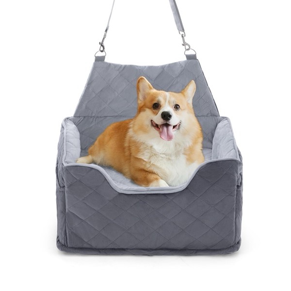 jaoul dog booster car seat for small/medium dogs - memory foam elevated cushion car seat - fully detachable and washable pet portable car seat with 2 clip-on safety leashes(gray)
