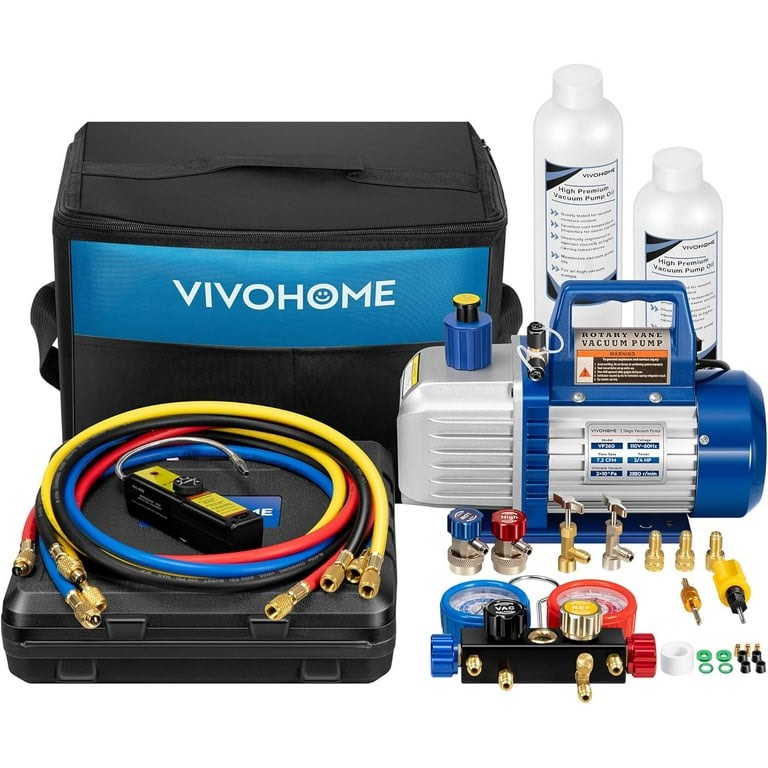 specstar 110v 3/4 hp 7.2cfm 2 stage hvac vacuum pump and 4 way ac manifold gauge set kit with leak detector 5ft hoses for r134a r12 r22 r502 r410a auto air conditioning refrigeration recharging