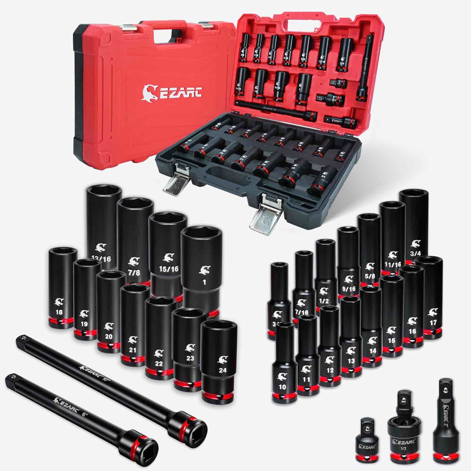ezarc 1/2" drive impact socket set, 31-piece sae (3/8–1 in) and metric (10–24 mm) deep sockets, cr-v material, 3/6/10 in extensions, universal joint & adapter, storage case