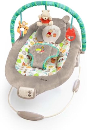 Bright Starts Disney Baby Winnie the Pooh Baby Bouncer Soothing Vibrations Deluxe Infant Seat - Faux Suede, Music, Removable -Toy Bar, 0-6 Months 6-20 lbs (Dots & Hunny Pots)