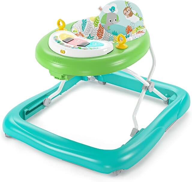 Bright Starts Tiny Trek 2-in-1 Baby Activity Walker with -Toy Station, Adjustable Height and Easy-Fold Frame, Jungle Vines Age 6 Months+
