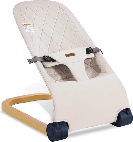 Baby Bouncer,Portable Baby Bouncer Seat & Foldable with 3 Height Adjustments, Ergonomic Bouncer for Babies 0-6 Months, Wood Grain Style, Natural Vibrations, Includes Storage Bag (Beige)