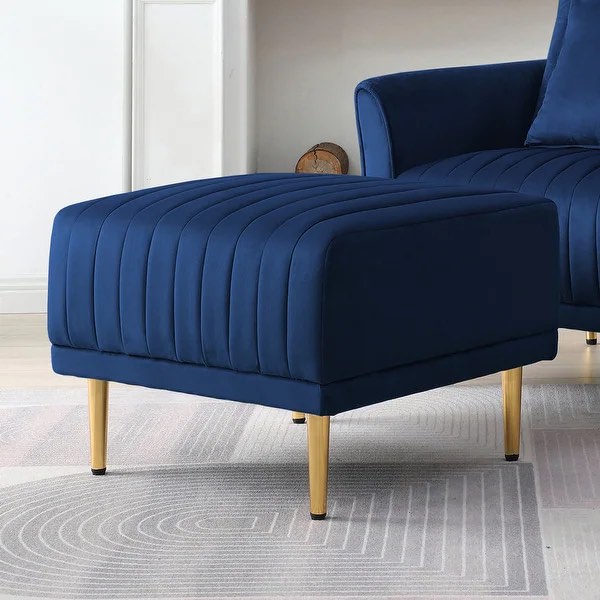 Navy Blue Velvet Channel Tufted Ottoman Bench Upholstered