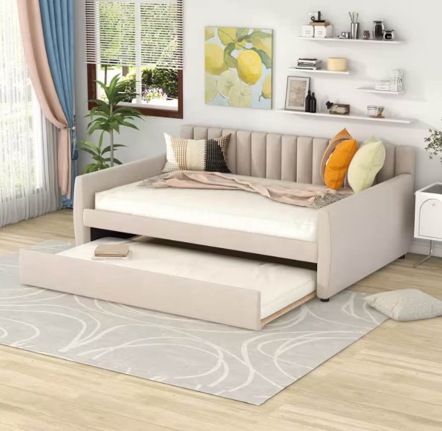 SEE DESCRIPTION Beige Full Size Upholstered Velvet Daybed with Trundle