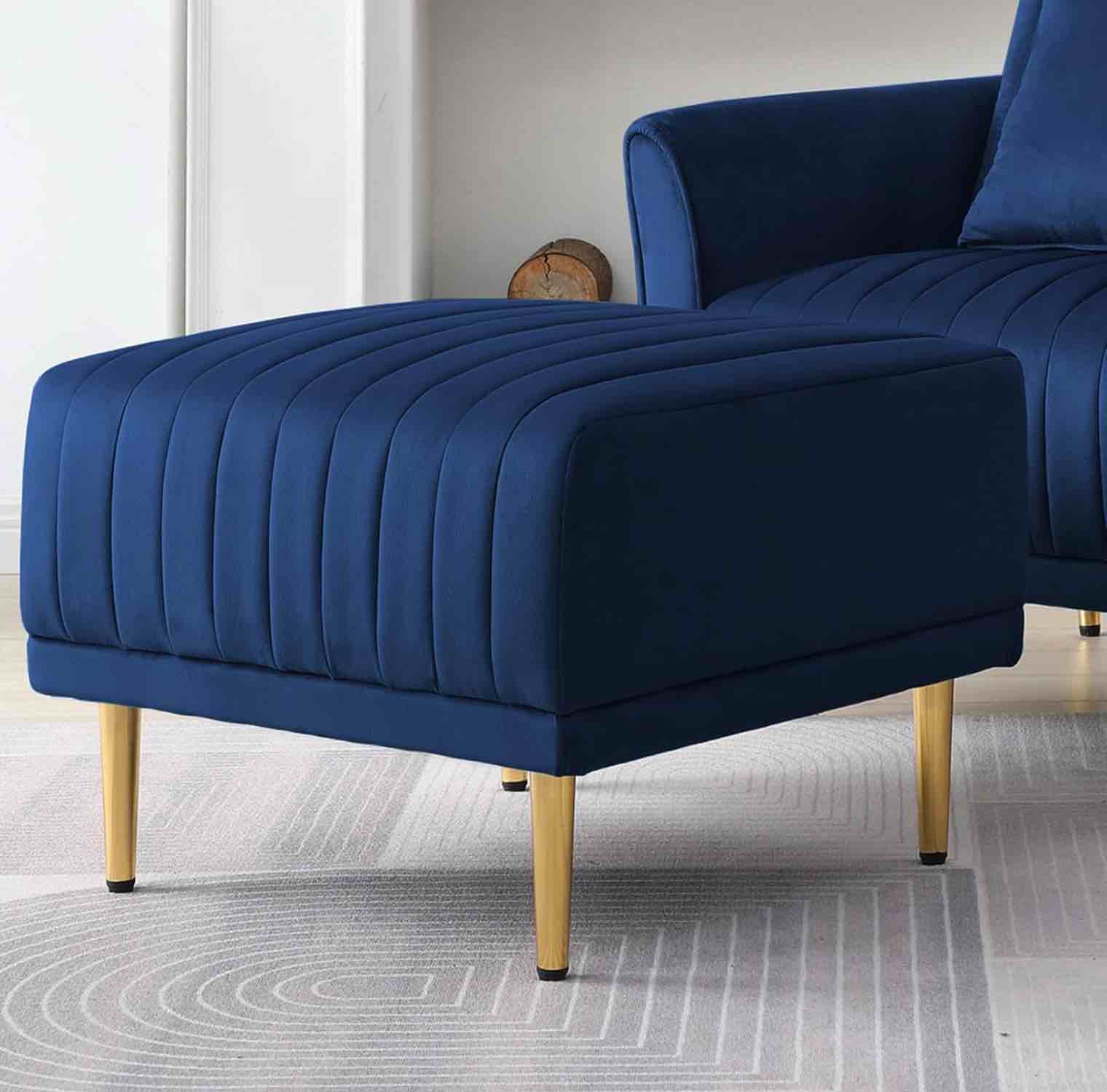 Navy Blue Velvet Channel Tufted Ottoman Bench Upholstered