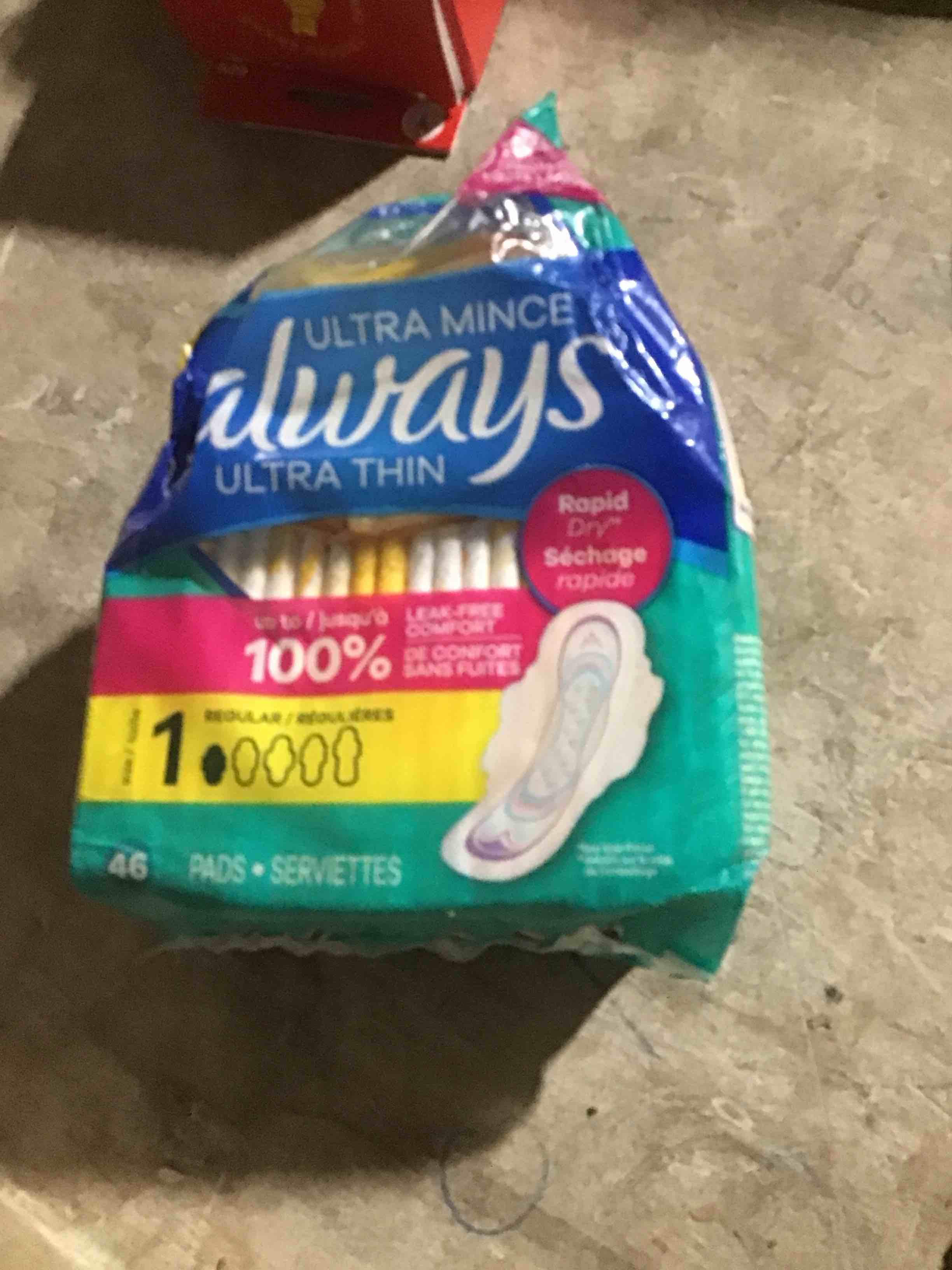 always ultra thin pads with wings, size 1, regular, 46 count