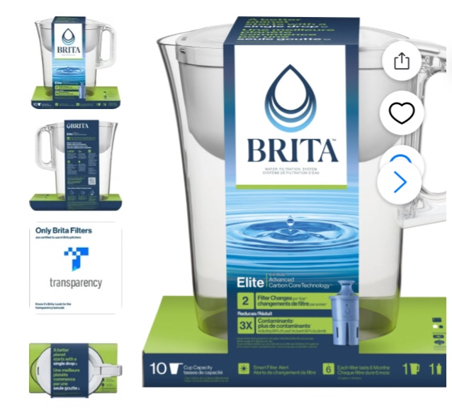 Brita Large 10 Cup Water Filter Pitcher with 1 Brita Elite Filter, Made Without BPA, Huron, White