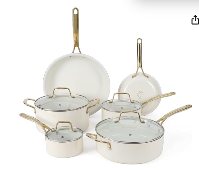 martha stewart lockton premium non stick non toxic pfa free ceramic interior 10 piece heavy gauge enamel aluminum pots and pans cookware set - linen white w/gold handle
