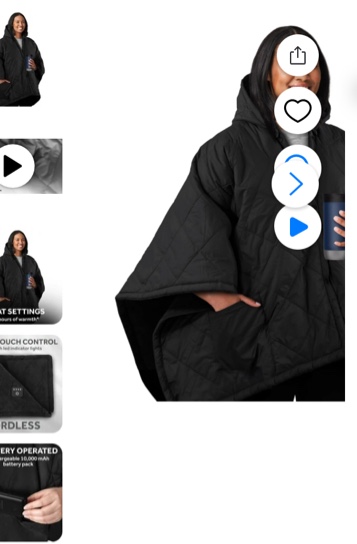 sunbeam on-the-go cordless heated throw blanket with hood, black nylon/microplush, 50x66 4 stars out of 322 reviews (4.0)| 322 ratings actual color:black  selected, black, $84.97 $84.97  gray, $84.97 $84.97 key item features  cordless warmth: delivers cozy warmth with freedom of movement, ideal for home, commuting, or outdoor adventures. customizable heat: features a one-touch led controller with 4 adjustable heat levels for personalized comfort. rechargeable power: equipped with a 10,000 mah battery providing up to 4 hours of heat, recharging in 2.5 hours. versatile design: can be used as a traditional blanket or worn as a cape with a built-in hood, hand pockets, and secure snap closures. durable materials: constructed with a soft microplush interior and a durable nylon exterior for both indoor and outdoor use. easy care: machine washable and dryer safe; simply detach the battery for convenient cleaning.