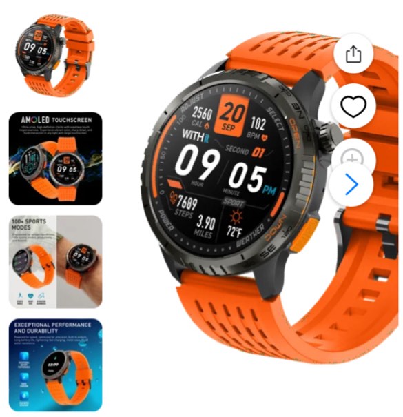 withit zetta series smartwatch, 1.43" full touch amoled screen, unisex