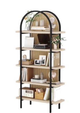 Yusong Bookshelf Rattan 5 Tier Arched Bookcase, 74" Tall Industrial Open Book Shelves for Living Room, Modern Freestanding Display Shelving Boho Storage Rack with Metal Frame for Office, Brown