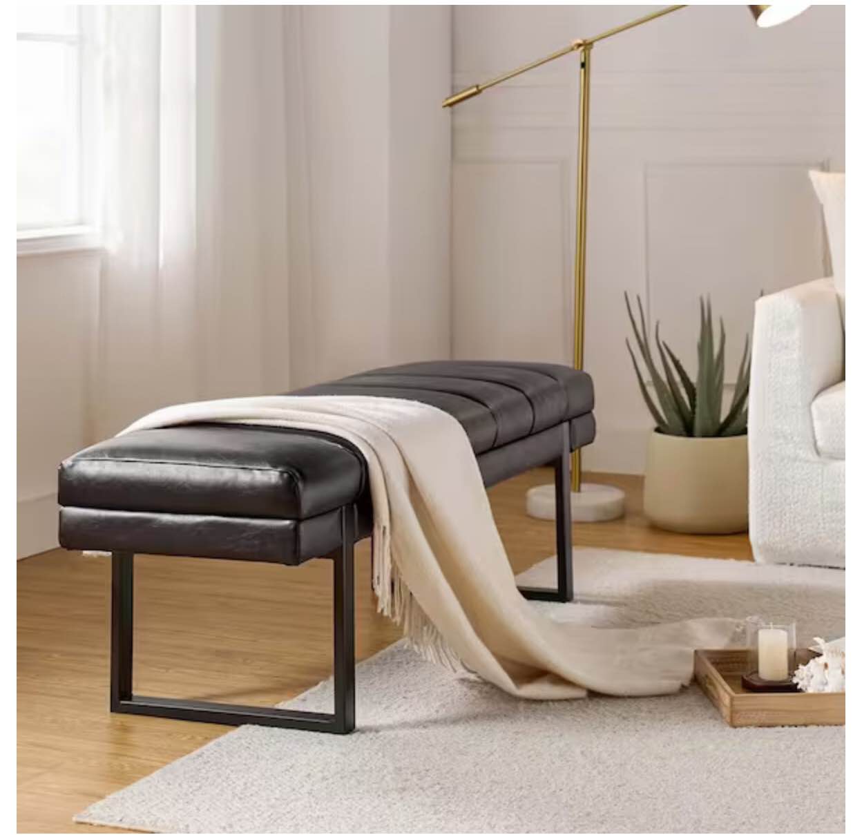 Leander Black 52.5 in.W Modern Industrial Channel Tufted Upholstered Bench with Metal Legs