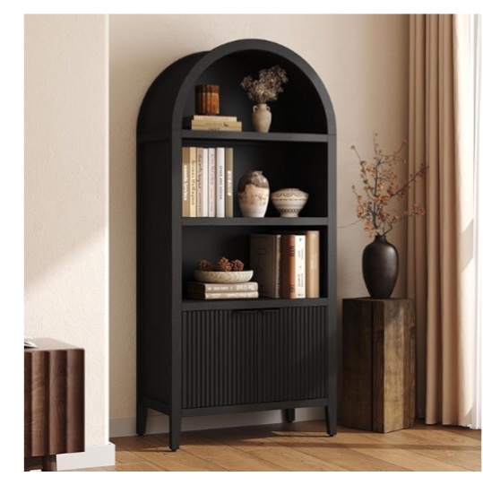 yusong 71”tall arched cabinet 5tier arched bookshelf storage display cabinets with doors black-BLK03