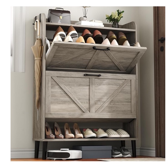 Shoe Storage Cabinet with 2 Flip Drawers, Farmhouse Hidden Shoe Organizer, Narrow Slim Shoe Rack Cabinet for Entryway Hallway,Washed Gray