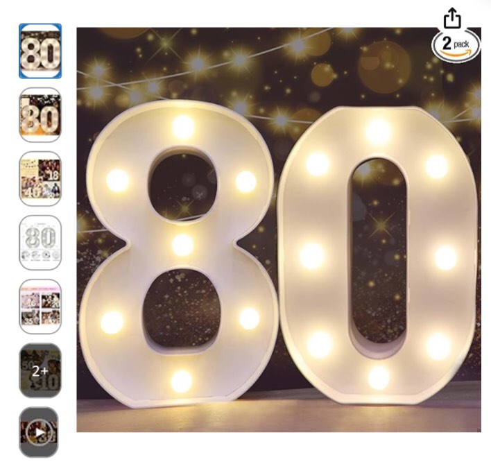 pooqla decorative led light up number letters, white plastic marquee number lights sign for 80th birthday party wedding decor, battery operated (80)