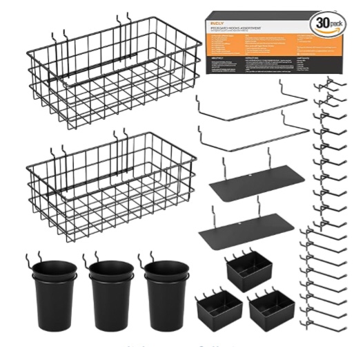 incly 30pcs peg board organizer accessories kit, pegboard hooks assortment with bins, cups, wire baskets and paper towel holder for 1/8“ and 1/4” pegboard garage workbench craft room organizing tools