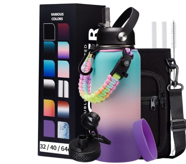 insulated stainless steel water bottle - 32/40/64/128 oz water bottles with straw & spout lids, paracord handle and carrier pouch, workout water flask bottle for women men sport activities