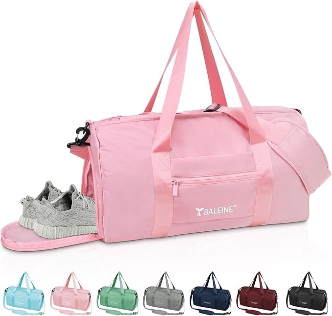 baleine gym bag for women and men, small duffel bag for sports, gyms and weekend getaway, waterproof dufflebag with shoe and wet clothes compartments, lightweight carryon gymbag (pink)
