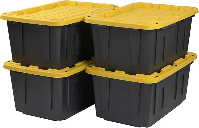 CX BLACK & YELLOW®, 27-Gallon Heavy Duty Tough Storage Container & Snap-Tight Lid, (14.3”H x 20.6”W x 30.6”D), Weather-Resistant Design and Stackable Organization Tote [4 Pack]