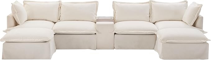 XIUDONG Oversized U-Shaped Modular Sectional Sofa with Movable Ottoman & Console - 6 Seat Chenille Cloud Couch, USB Charger, Cup Holder 