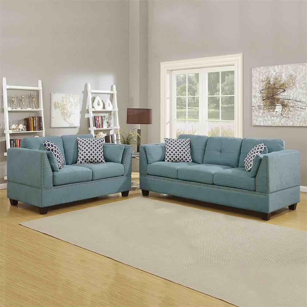 Velveteen 2 Piece Sofa Set With Accent Pillows Light Blue Cushion Arm Couch  