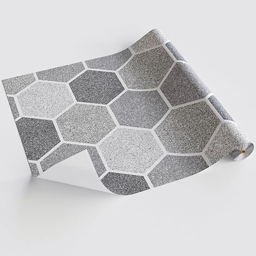 Homease Vinyl Flooring Roll 23.6" W x 196.8" L/ 32 Sq.Ft, Waterproof Wear-Resistant Vinyl Plank Flooring for Any Room, Easy DIY Flooring Solutions, Grey Hexagon - B