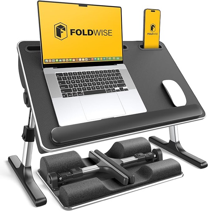 foldwise 2-in-1 lap desk & laptop stand for bed - soft cushions, foldable & adjustable laptop lap desk for couch, wrist rest, tablet holder, edge stopper & leather, ideal for bed desk, couch & chair white(grey)
