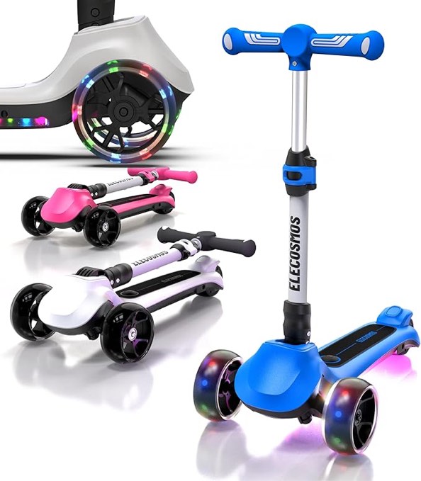 elecosmos kids electric scooter for age 4-9, light up 3-wheeled scooter with big led wheels, wide flashing deck, adjustable height