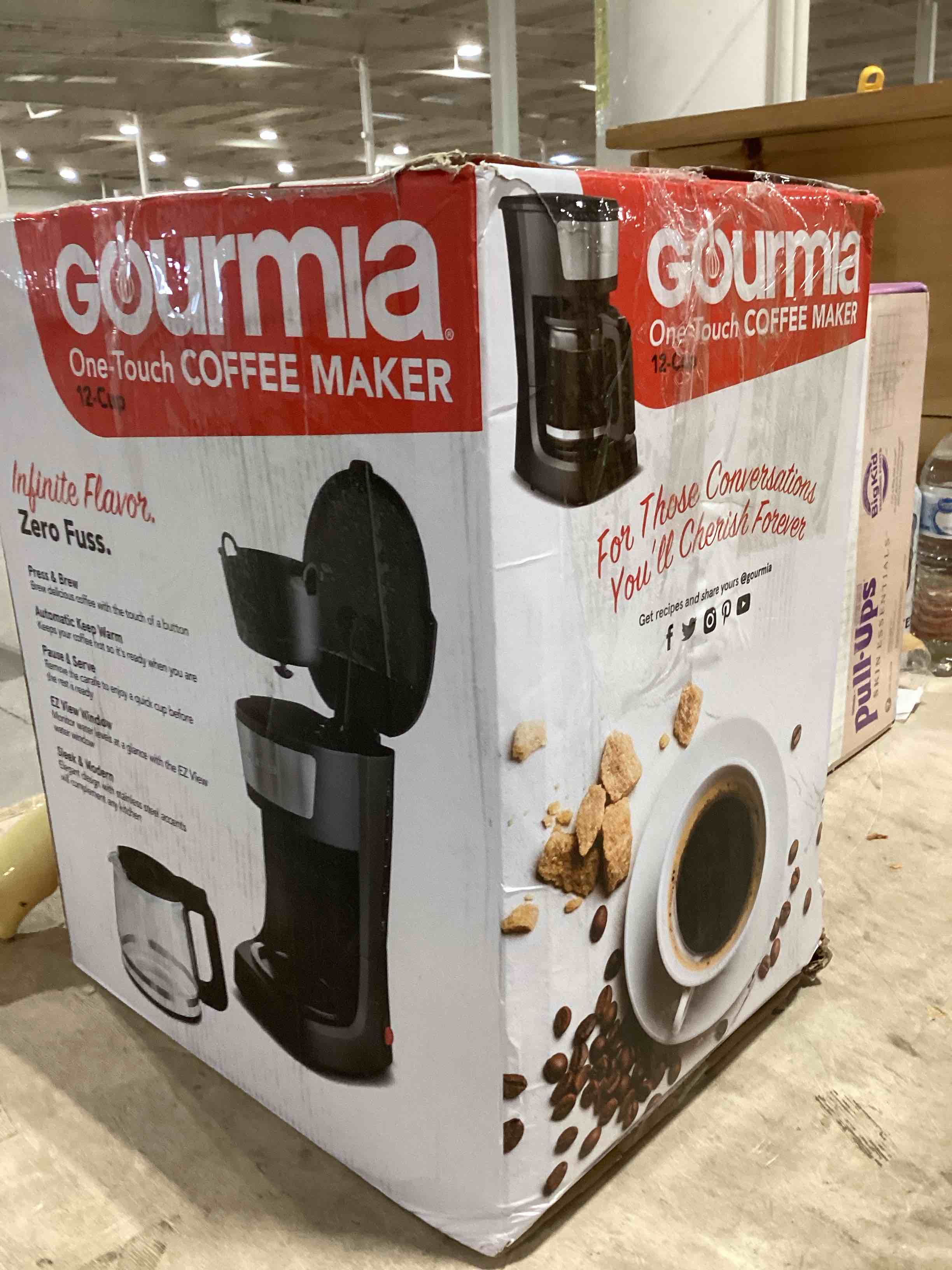 Condition photo showing As Is for Gourmia 12 Cup One-Touch Coffee Maker – Pause and Serve with Automatic Keep Warm, Easy View Water Window, Compact Design, Stainless Steel Accents, Black