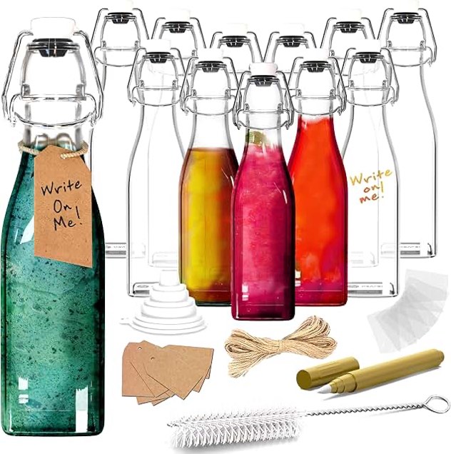 nevlers 12 oz swing top glass bottles with lids – 12 pack | square flip top glass bottle with lid set w/shrink wrap, tags & string, funnel, brush, & marker | water, dressing & vanilla extract bottles