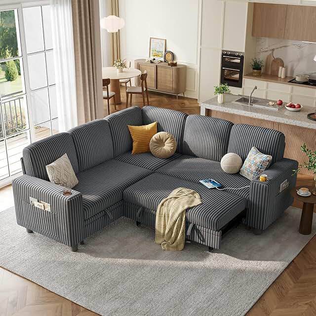 incomplete. sectional sleeper sofa with pull out couch bed - convertible plush corduroy cloud couch with storage chaise & usb charging, comfy l shaped modular couches for living room apartment (dark grey) 