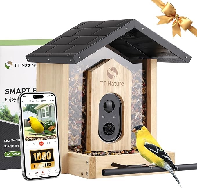 tt nature bird feeder with camera, upgraded 1.5l smart birdhouse al identify for 10000 plus species, auto capture & real-time notifications, ideal gift for bird lovers (iron roof)