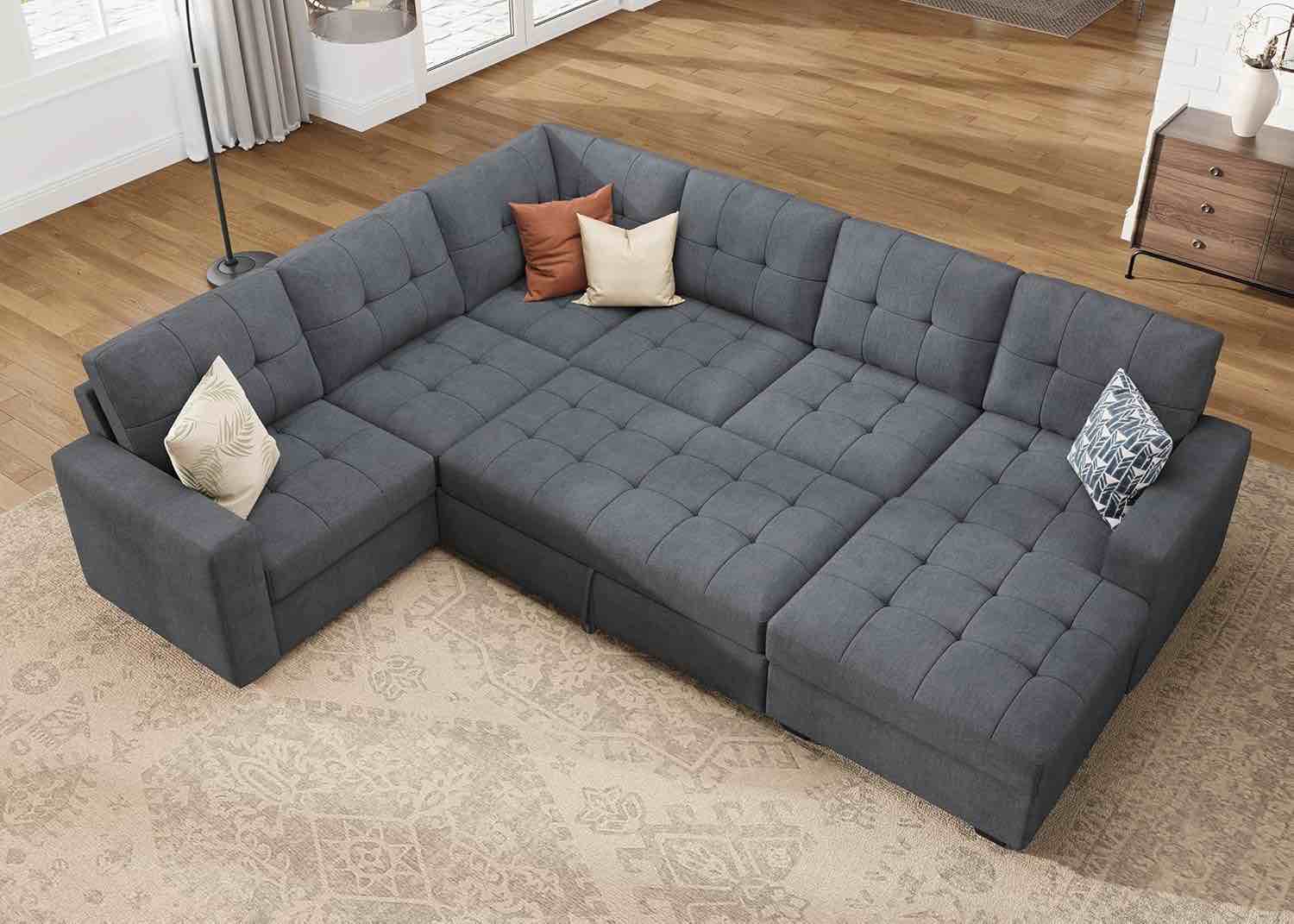 honbay modular sectional couch with pull out bed, corduroy sleeper sofa with storage ottoman, u shaped sectional couches for living room, dark grey