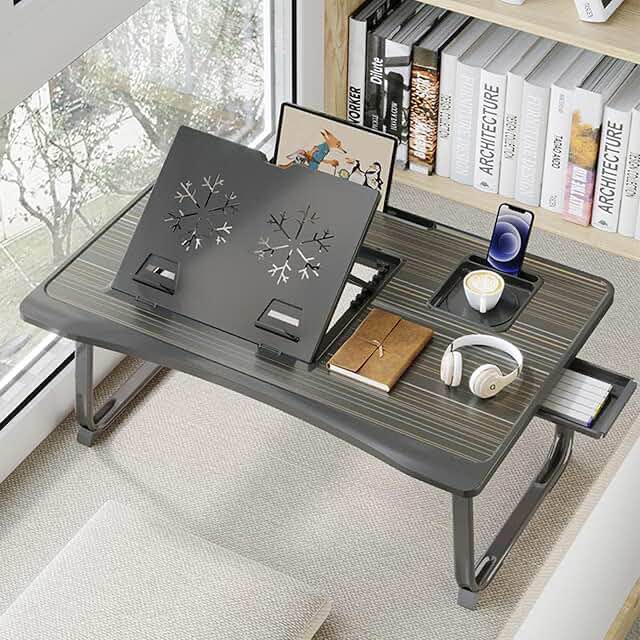 laptop desk for bed, adjustable laptops stand with 6 different angles, portable lap tray table with storage drawer and cup holder, laptop bed desk tray for eating working writing reading (black)