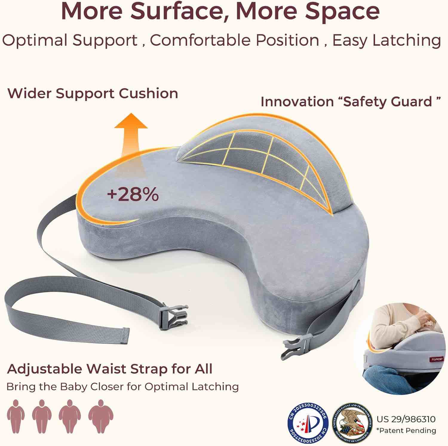 momcozy exclusive memory foam nursing pillow - pioneering safety fence-plus size breastfeeding pillow for ergonomic comfort & support-easier and healthier nursing - fit for all, removable cover