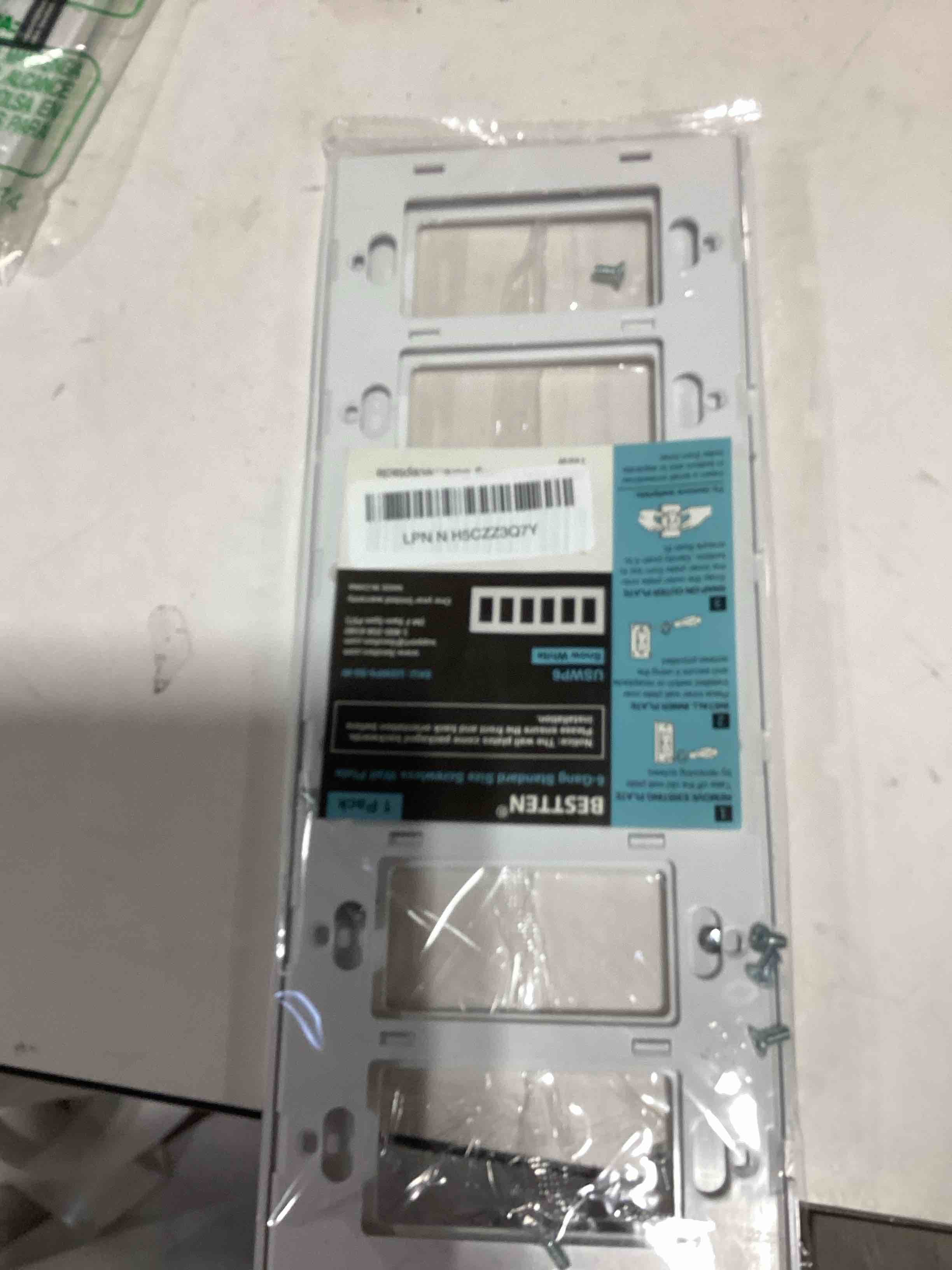 Condition photo showing As Is for bestten 6-gang screwless wall plate, decorator outlet cover, decorative switch plate, uswp6 snow white, for light switch, dimmer, gfci, usb receptacle, h4.69” x w11.75”