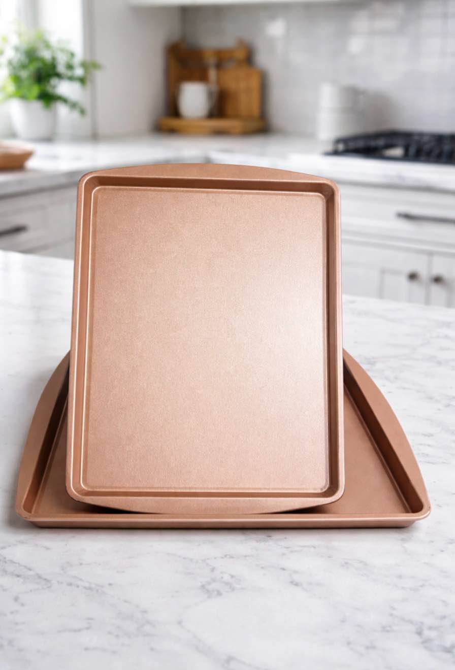 Condition photo showing As Is for (set of 2) 15”x9.5” copper cookie sheets 