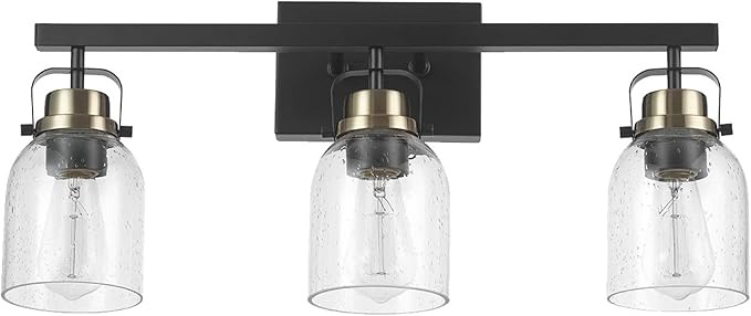 Globe Electric 52057 3-Light Vanity Light, Matte Black, Matte Brass Accent Sockets, Seeded Glass Shades, Makeup Lighting, Beauty Room Accessories, Bathroom Lights Over Mirror, E26 Light Bulbs, Upscale
