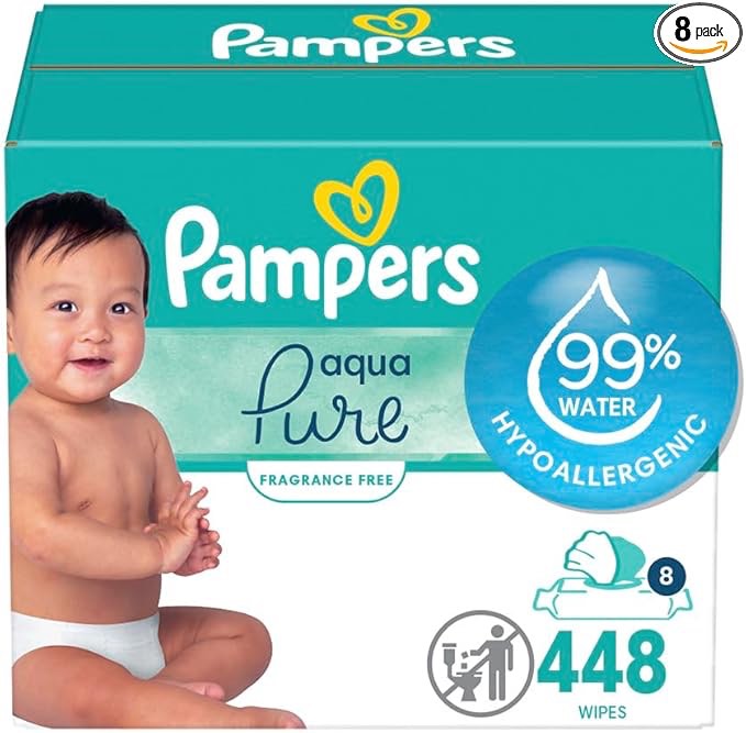 Pampers Aqua Pure Sensitive Baby Wipes, 99% Water, Hypoallergenic, Unscented, 8 Flip-Top Packs (448 Wipes Total) (Packaging May Vary)