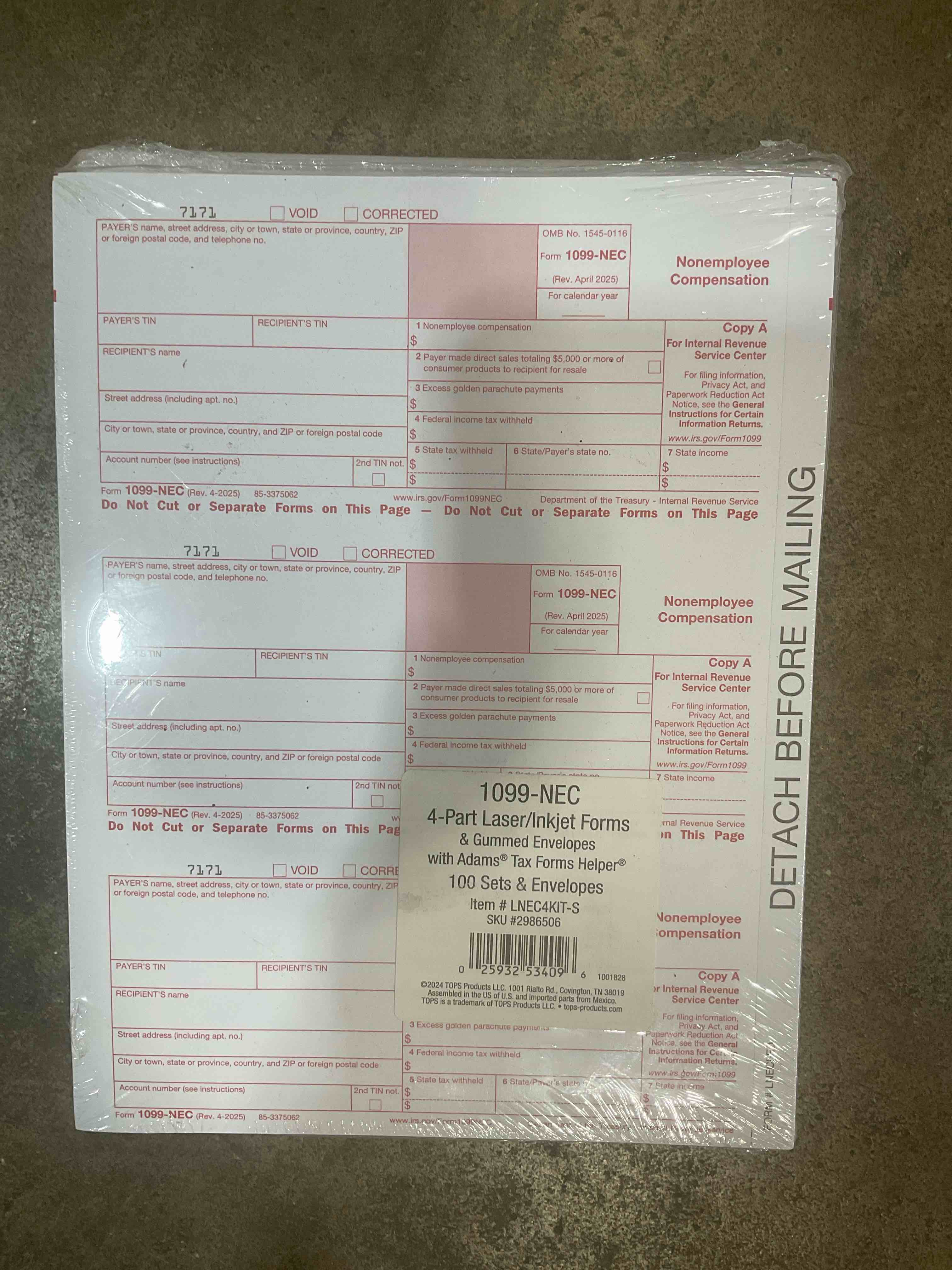 Condition photo showing New/Like New for TOPS 2023 1099-NEC Tax Form Kit with Envelopes 4-Part 100/Pack (LNEC4KIT-S)