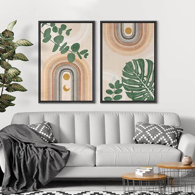 SIGNFORD Framed Canvas Print Wall Art Set Tropical Jungle Island Banana Leaf Landscape Abstract Nature Illustrations Modern Art Decorative Minimalist Floral Botanical for Bedroom - 24"x36"x2 Natural