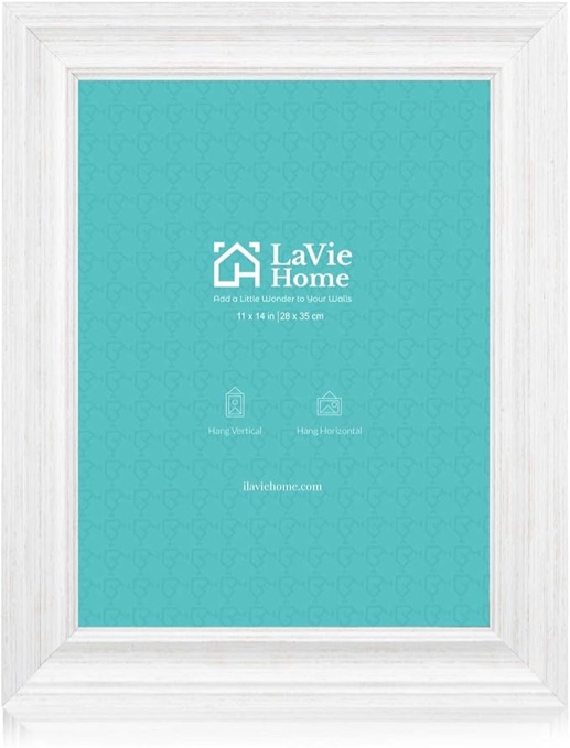 lavie home 11x14 picture frames (1 pack, distressed white) rustic single photo frame with plexiglass for wall mount display, for home decoration, office decor