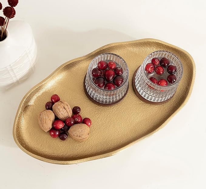 kate and laurel alessia modern decorative scalloped oval footed metal tray, 14 x 8, gold, transitional food-safe cast aluminum pedestal tray with rough texture and deckled edge