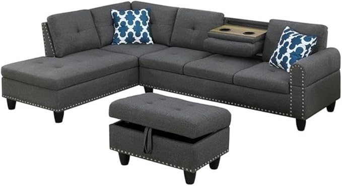 Devion Furniture Polyester Fabric Sectional Sofa with Lift-top Storage Ottoman, Tufted Design, in Gray Finish