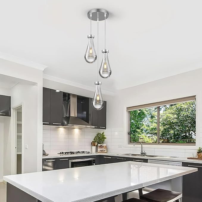 Luces colgantes de gota de lluvia, para isla de cocina, lágrima, cromadas, lámparas colgantes de vidrio sólido transparente, candelabros modernos para comedor, porche, pasillo, sala de estar (3 luces