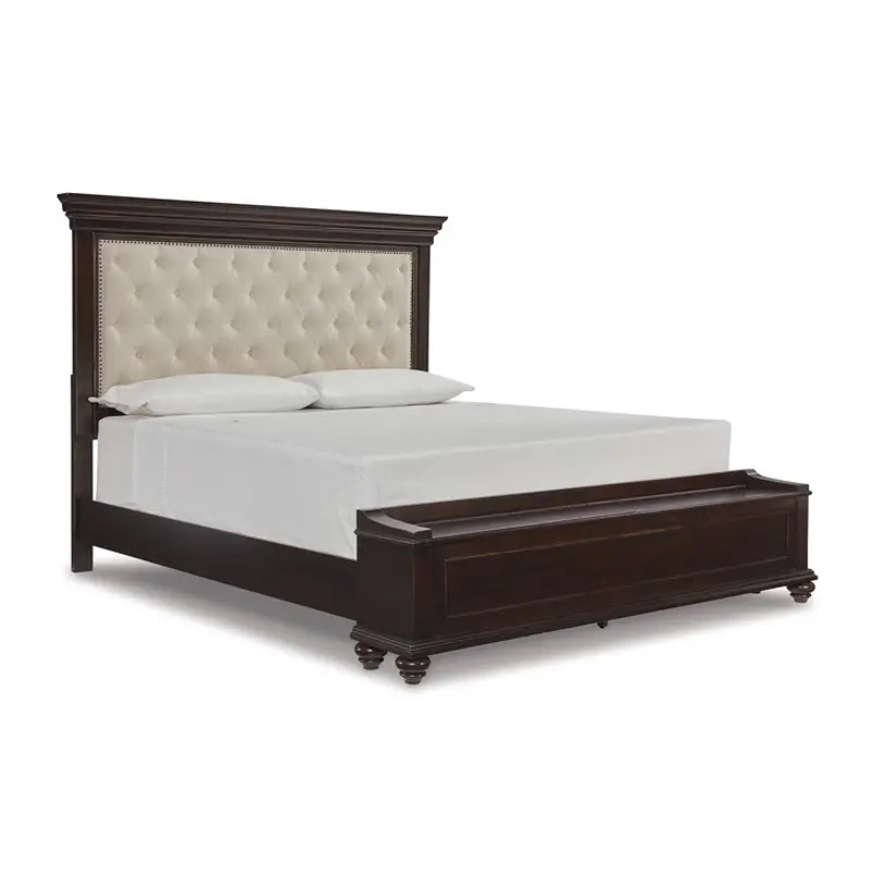B788-157 Ashley Furniture Brynhurst Queen Upholstered Panel Bed With Storage Footboard